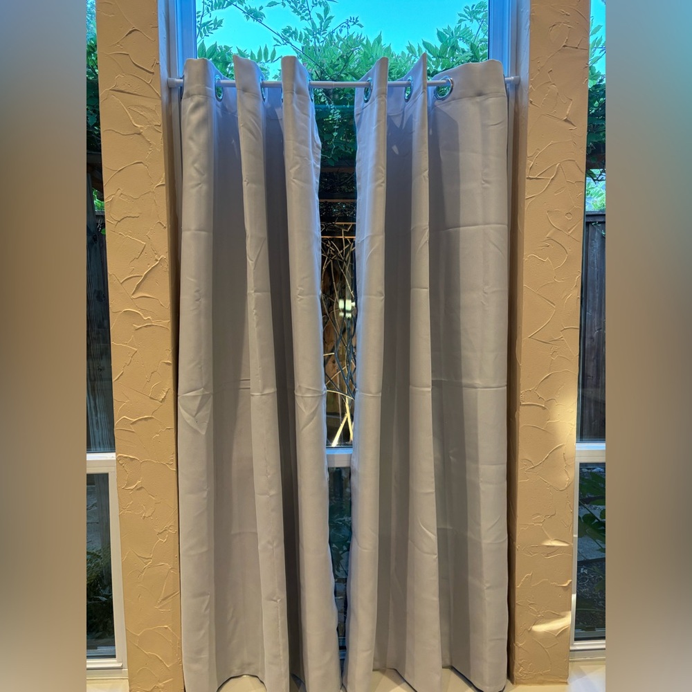 Light Gray Grommet Curtain Panels with White Tension Rod